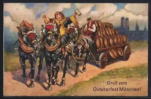 Künstler-AK Ernst Schlemo: München, Oktoberfest, Münchner Kindl auf Bierkutsche