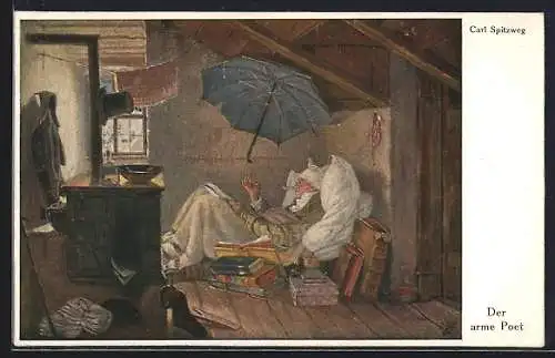 Künstler-AK Carl Spitzweg: Der Arme Poet, im Bett liegend