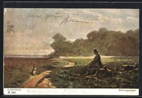 Künstler-AK Carl Spitzweg: Jäger entdeckt einen Hasen am Wegesrand, Sonntagsjäger