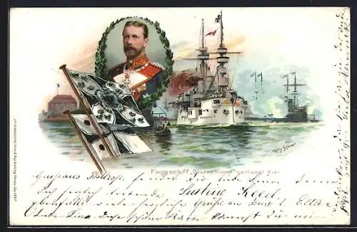 Künstler-AK Stoewer: Portrait Prinz Heinrich, Flaggschiff Deutschland verlässt Kiel