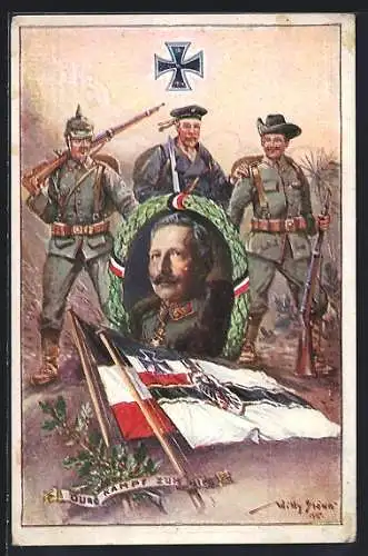 Künstler-AK Stoewer: Soldaten halten einen Siegerkranz mit dem Portrait von Kaiser Wilhelm II. in der Hand