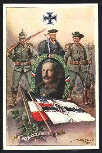 Künstler-AK Stoewer: Soldaten halten einen Siegerkranz mit dem Portrait von Kaiser Wilhelm II. in der Hand