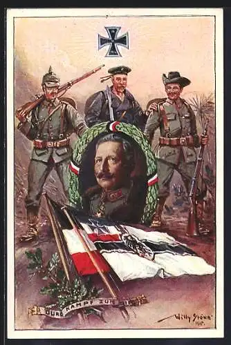 Künstler-AK Stoewer: Soldaten halten einen Siegerkranz mit dem Portrait von Kaiser Wilhelm II. in der Hand
