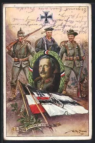 Künstler-AK Stoewer: Soldaten halten einen Siegerkranz mit dem Portrait von Kaiser Wilhelm II. in der Hand