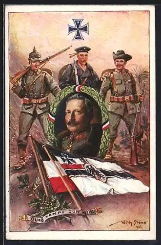 Künstler-AK Stoewer: Soldaten halten einen Siegerkranz mit dem Portrait von Kaiser Wilhelm II. in der Hand