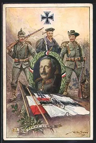 Künstler-AK Stoewer: Soldaten halten einen Siegerkranz mit dem Portrait von Kaiser Wilhelm II. in der Hand