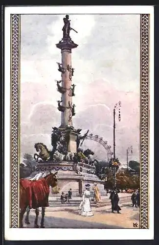 Künstler-AK J. Kalous: Wien, Tegetthoff-Denkmal mit Passanten, Riesenrad