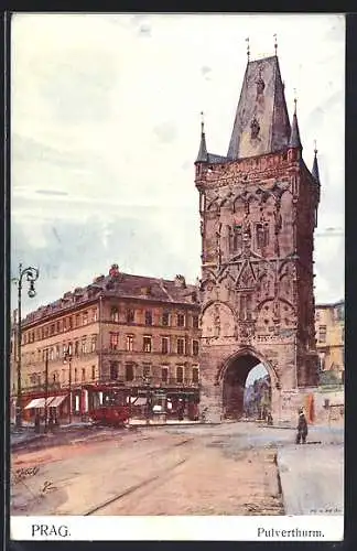 Künstler-AK Jaroslav Setelik: Prag / Praha, Pulverturm mit Strassenbahn