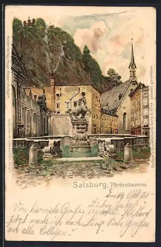 Künstler-AK Otto Strützel: Salzburg, Pferdeschwemme mit Denkmal