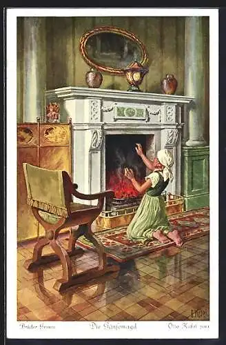 Künstler-AK Otto Kubel: Gänsemagd klagt dem Ofen ihr Leid, Die Gänsemagd