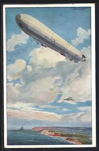 Künstler-AK Hans Rudolf Schulze: Zeppelin, Reichmarineluftschiff, Macht an deutscher Ostseeküste