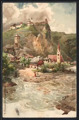 Künstler-AK P.Schmohl: Klausen, Kloster Säben, Angler am Fluss, um 1900