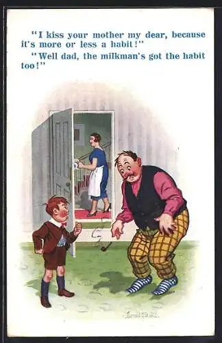 Künstler-AK Donald McGill: Mann erfährt von der Affäre seiner Frau