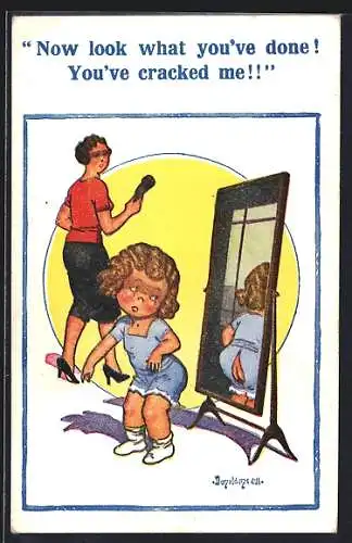 Künstler-AK Donald McGill: Kind ist traurig über Riss in der Hose