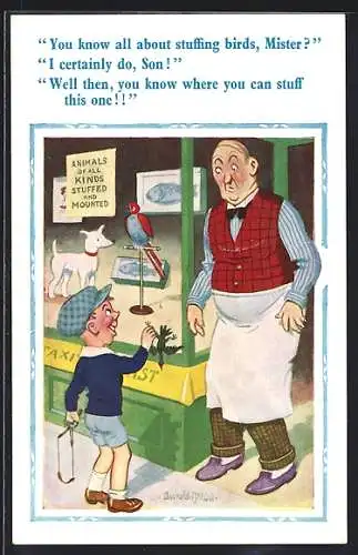 Künstler-AK Donald McGill: You know all about stuffing birds, Mister?
