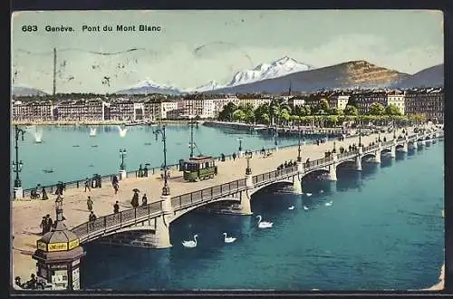 AK Genéve, Pont du Mont Blanc mit Strassenbahn