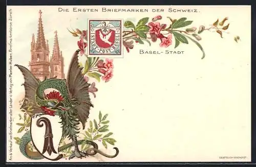 Lithographie Basel-Stadt, Kirche, Drache und Wappen, Briefmarke Basel-Stadt, Die ersten Briefmarken der Schweiz