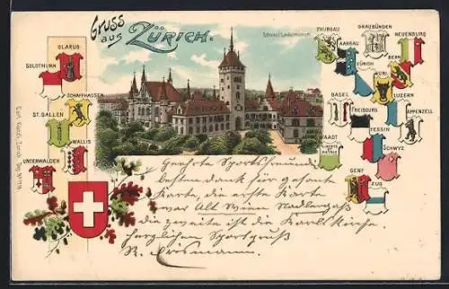 Lithographie Zürich, Schweiz. Landesmuseum, Wappen der versch. Kantone