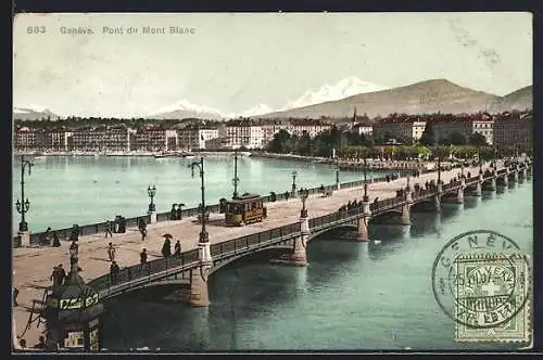 AK Genève, Pont du Mont Blanc, Strassenbahn