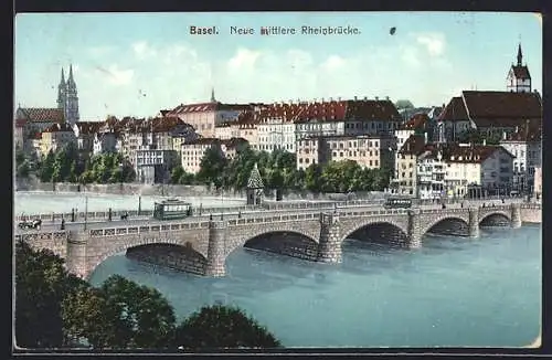 AK Basel, Neue mittlere Rheinbrücke, Strassenbahn