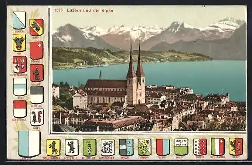 AK Luzern, Teilansicht mit Kirche und den Alpen, Wappen von Tessin, Bern und Glarus