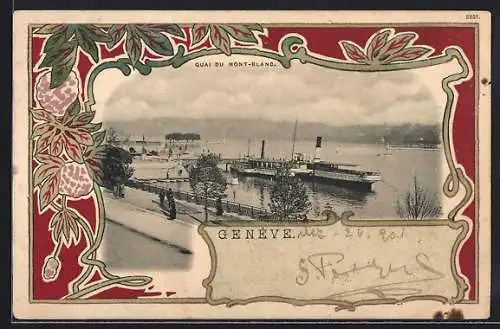 AK Genève, Quai du Mont-Blanc, Dampfer an der Anlegestelle im Passepartout-Rahmen