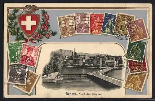AK Genéve, Pont des Bergues, verschiedene Schweizer Briefmarken, Wappen