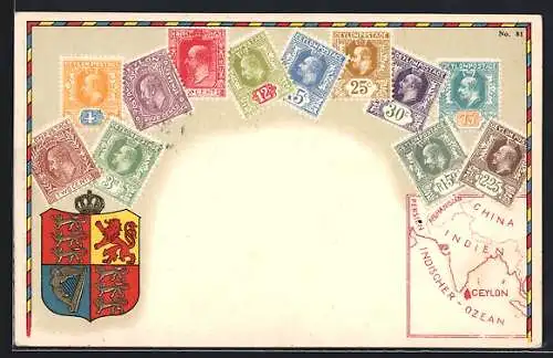 AK Ceylon, Briefmarken und Wappen, Landkarte