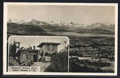 AK Sihlwald, Panorama mit Alpen, Wirtschaft Albishorn v. E. A. Albrecht