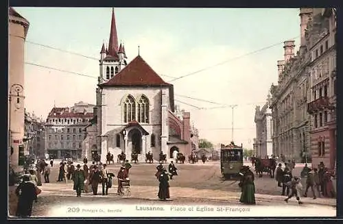 AK Lausanne, Place et Eglise St. Francois, Strassenbahn