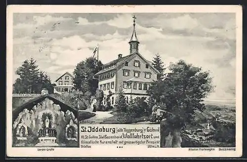 Künstler-AK Kirchberg /SG, St. Iddaburg, Gastthof, Lourdes-Grotte