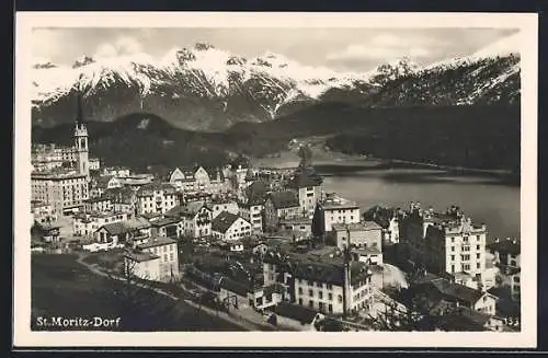 AK St. Moritz-Dorf, Totalansicht mit See und Bergen