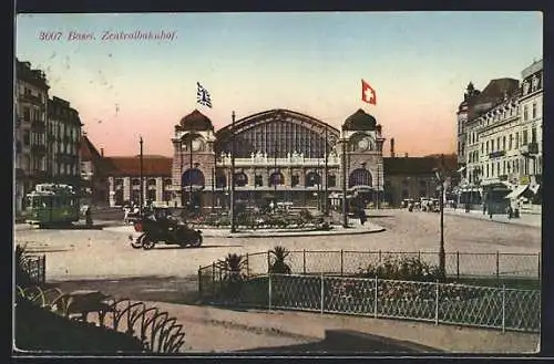 AK Basel, Zentralbahnhof mit Schweizer Flagge