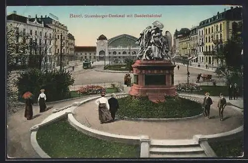 AK Basel, Strassburger-Denkmal mit Bundesbahnhof