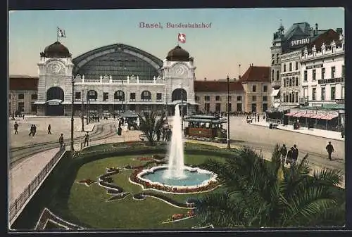 AK Basel, Springbrunnen am Bundesbahnhof