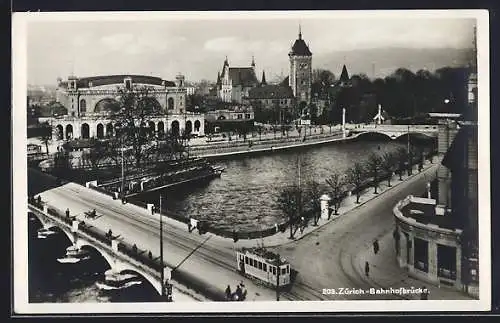 AK Zürich, Bahnhofbrücke mit Strassenbahn