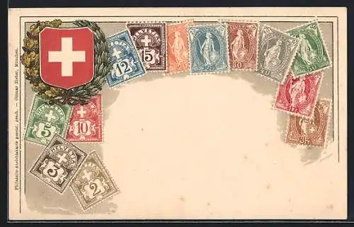 AK Schweizer Briefmarken und Wappen