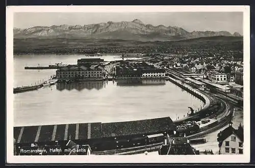 AK Romanshorn, Blick auf den Hafen und zum Säntis