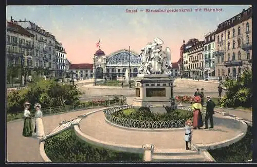 AK Basel, Bahnhof mit Strassburgerdenkmal