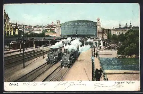 AK Zürich, Bahnhof-Einfahrt mit Eisenbahnen