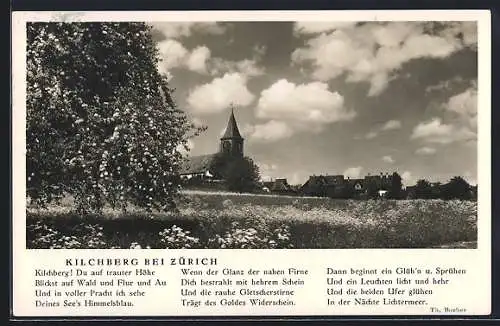 AK Kilchberg, Ortspanorama mit Kirche, Gedicht