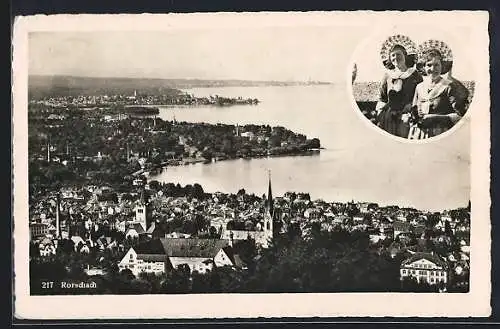 AK Rorschach am Bodensee, Teilansicht u. Blick auf Horn, Arbon und Romanshorn, Zwei Frauen in Tracht