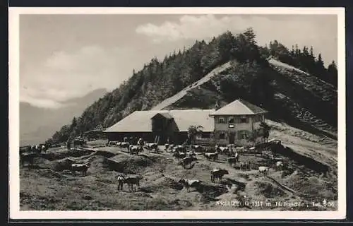 AK Kreuzegg, Berggasthaus von J. Manser mit Kuhweide