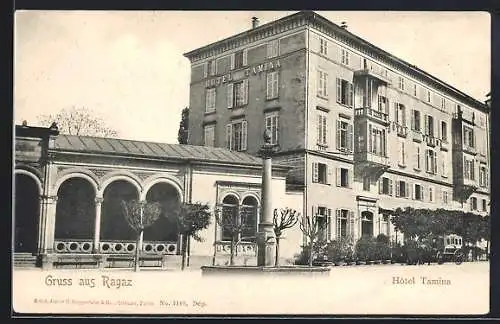 AK Ragaz, Hotel Tamina, Strassenansicht mit Kutsche