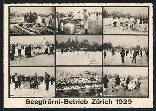 AK Zürich, Seegfrörni-Betrieb 1929, Kapelle The Wallonians, Koch am Wurstgrill, Schornsteinfeger