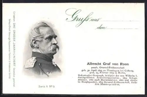 AK Albrecht Graf von Roon, Preuss. General-Feldmarschall, 1803-1879, Reichseinigungskriege