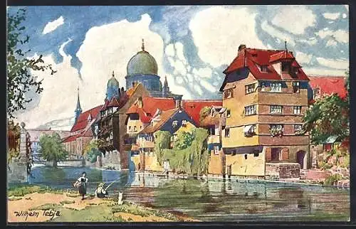 Künstler-AK Nürnberg, Insel Schütt mit Synagoge