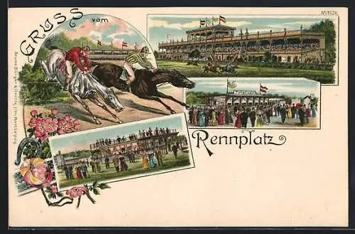 Künstler-Lithographie Bruno Bürger & Ottillie Nr. 1036: Gruss vom Rennplatz, Pferdesport, Tribüne und Totalisator