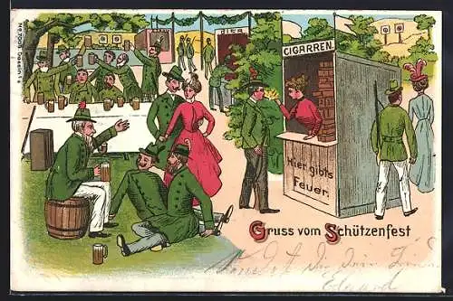 AK Gruss vom Schützenfest, Zigarrenstand und Biertisch