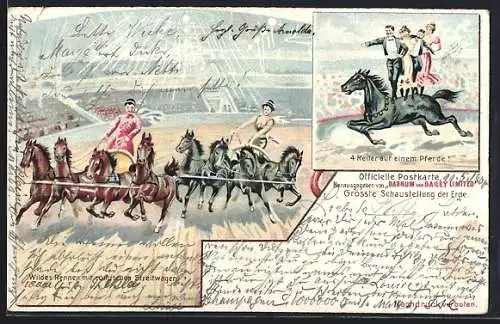 AK Zirkus Barnum and Bailey Limited, Wildes Rennen mit römischen Streitwagen, 4 Reiter auf einem Pferd